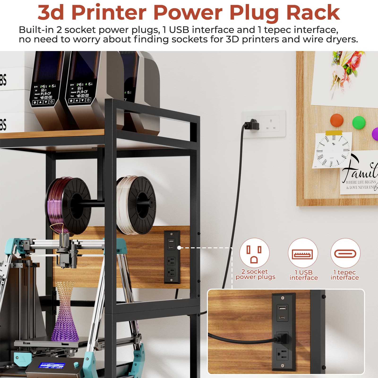 3D Printer Stand With Filament Storage, Heavy-Duty Metal Frame, T-Type Filament Holder, Built-in Power Panel, Open Frame Printer Workstation For Home & Workshop