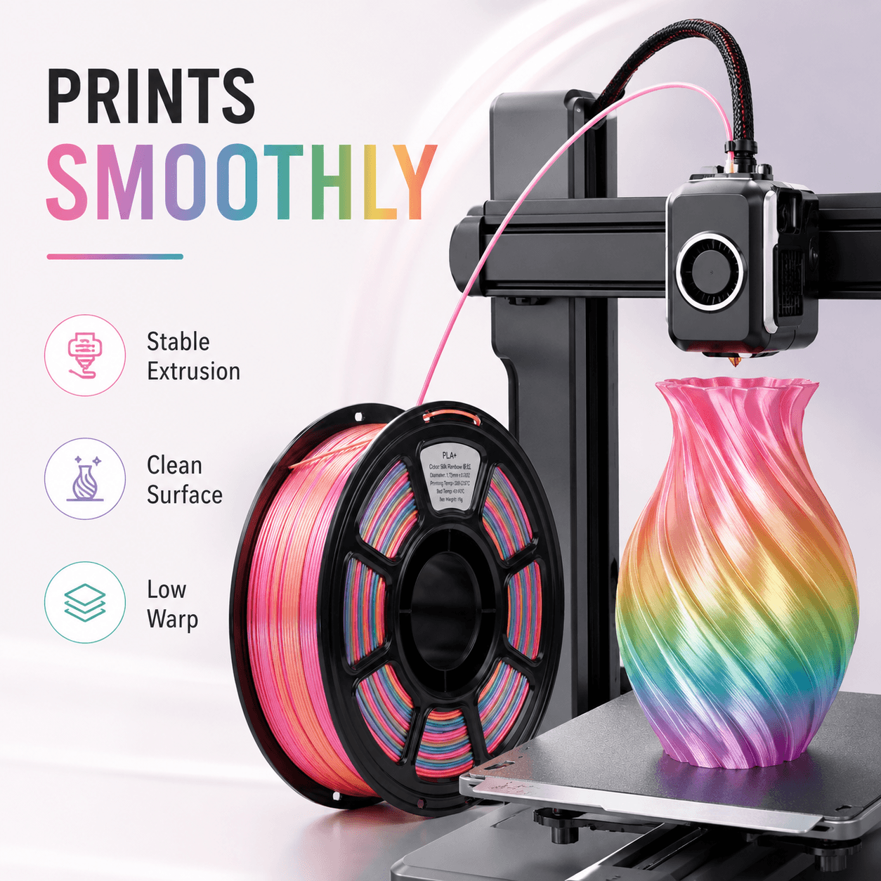 Silk PLA Filament 1.75mm Rainbow Color, 1kg Spool 3D Printer Filament, Shiny Glossy Finish, Multicolor Gradient PLA, Low Shrinkage, Tangle-Free, Compatible With Most FDM Printers