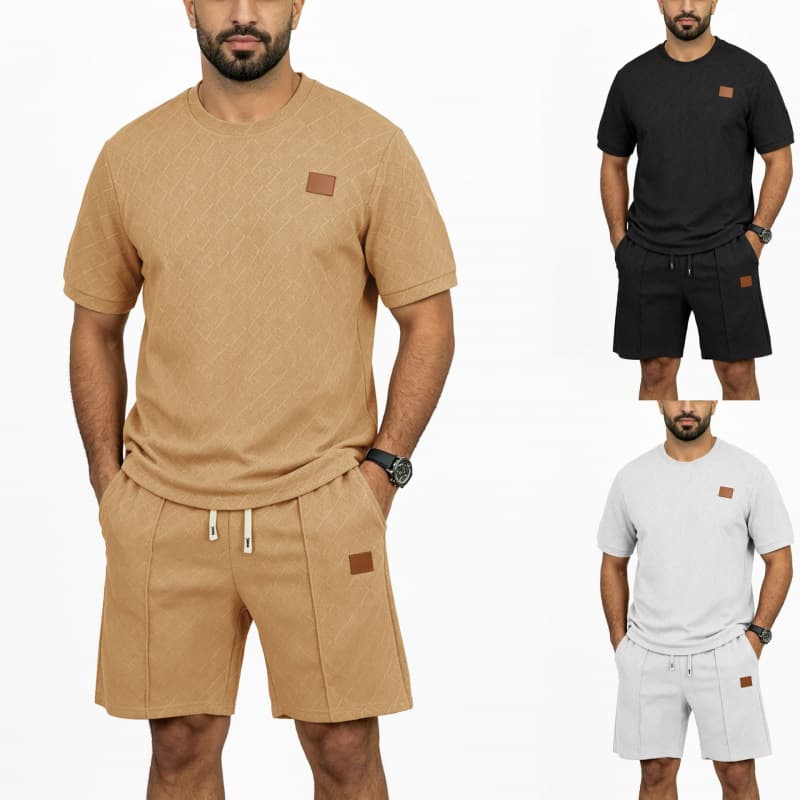 Mens Jacquard Casual Short-Sleeve Shorts Set