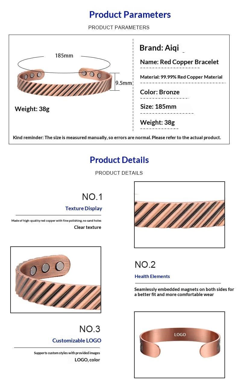 Concave-convex Striped Magnet Pure Copper Open-ended Bracelet