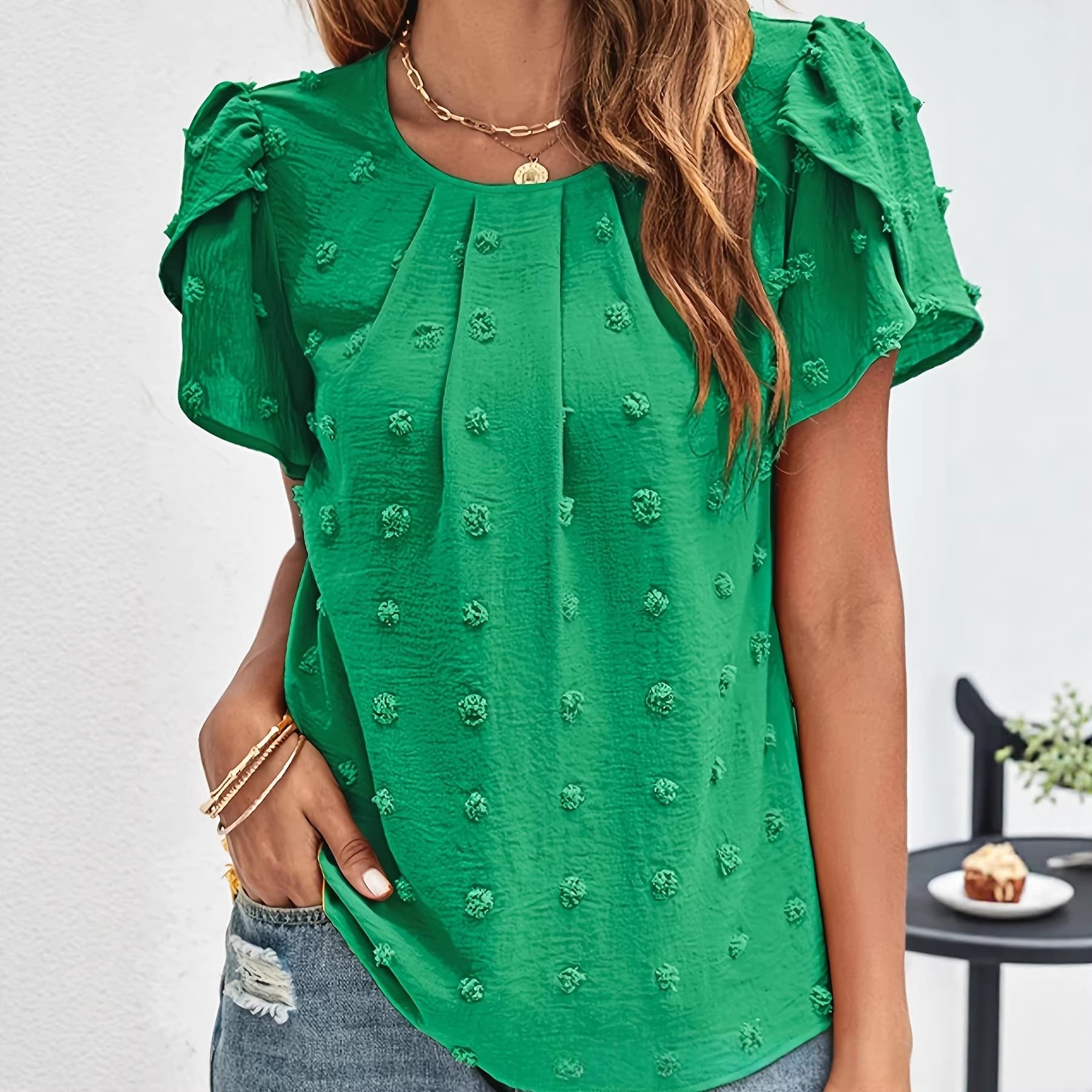 V-neck Ruffled Chiffon Top With Puff Sleeves And Pom-poms